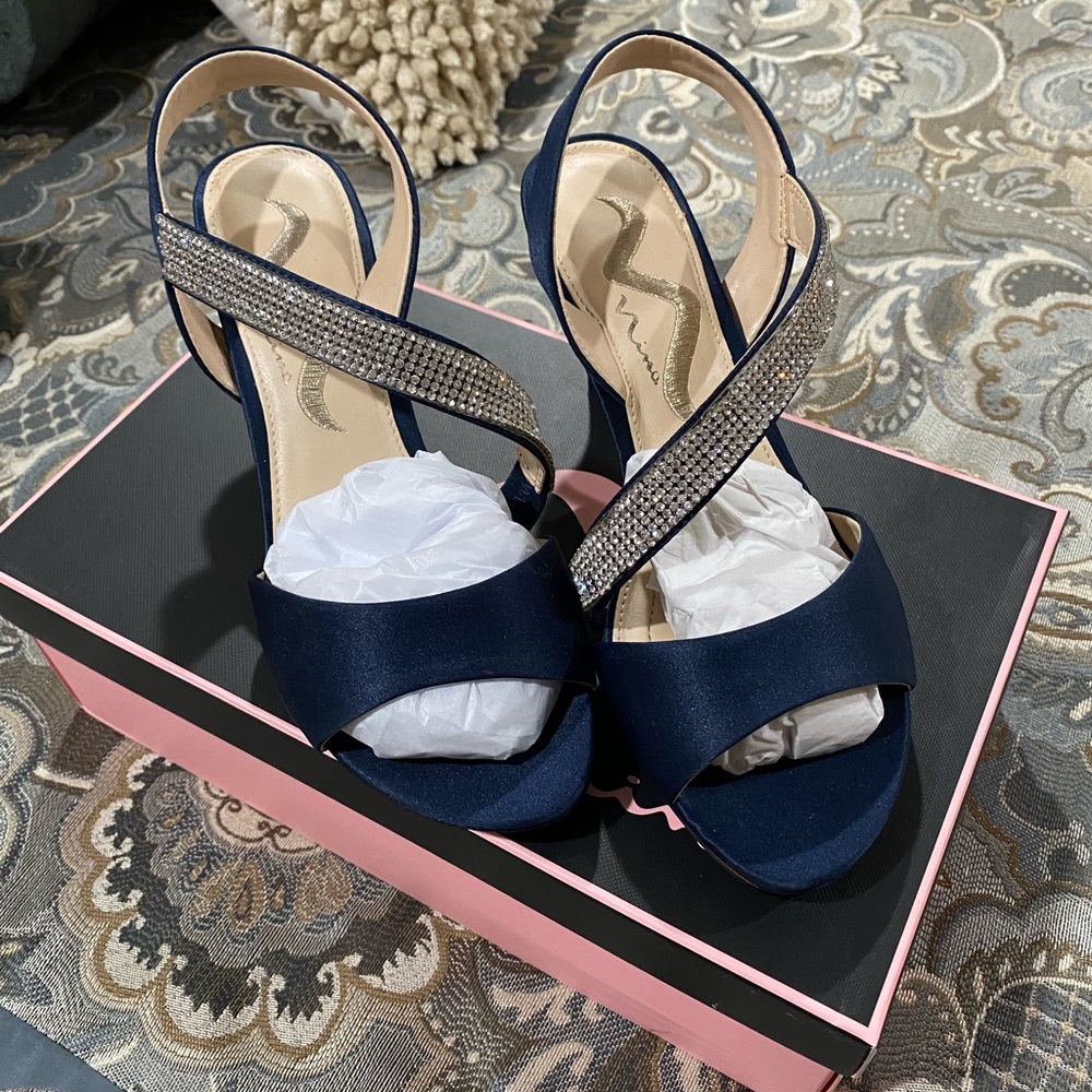 New in Box — Nina Navy Luster Satin heels with Rhinestone straps.